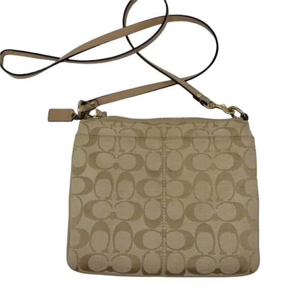 Coach Signature Jacquard Khaki Tan Crossbody bag long strap and Salmon lining - Picture 2 of 8
